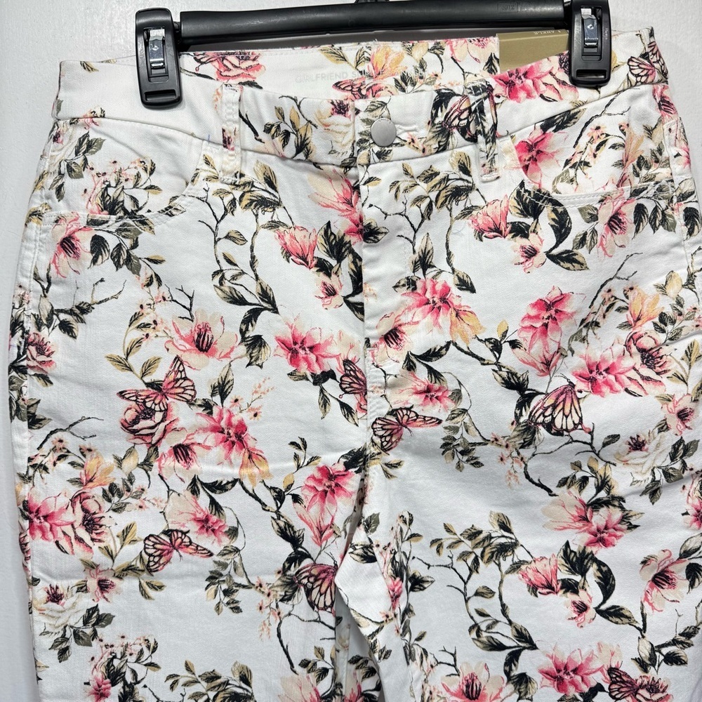 Chico’s Girlfriend Slim Leg Ankle Pants White with Pink Flowers and Butterflies - Picture 2 of 8